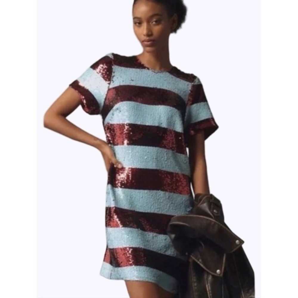 Anthropologie X Maeve‎ Sequin Striped Short Sleeve Shift Dress Blue Burgundy 1X